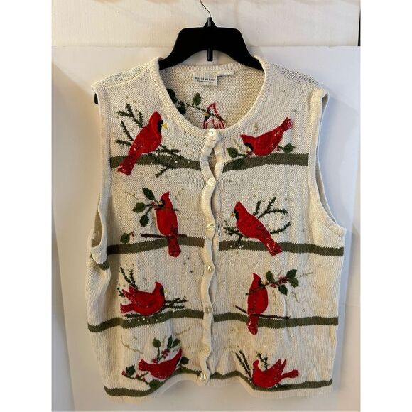 White Stag plus Vest Red Cardinals Birds (1x-2x?) 3D Beads Sequins Christmas - Picture 1 of 8